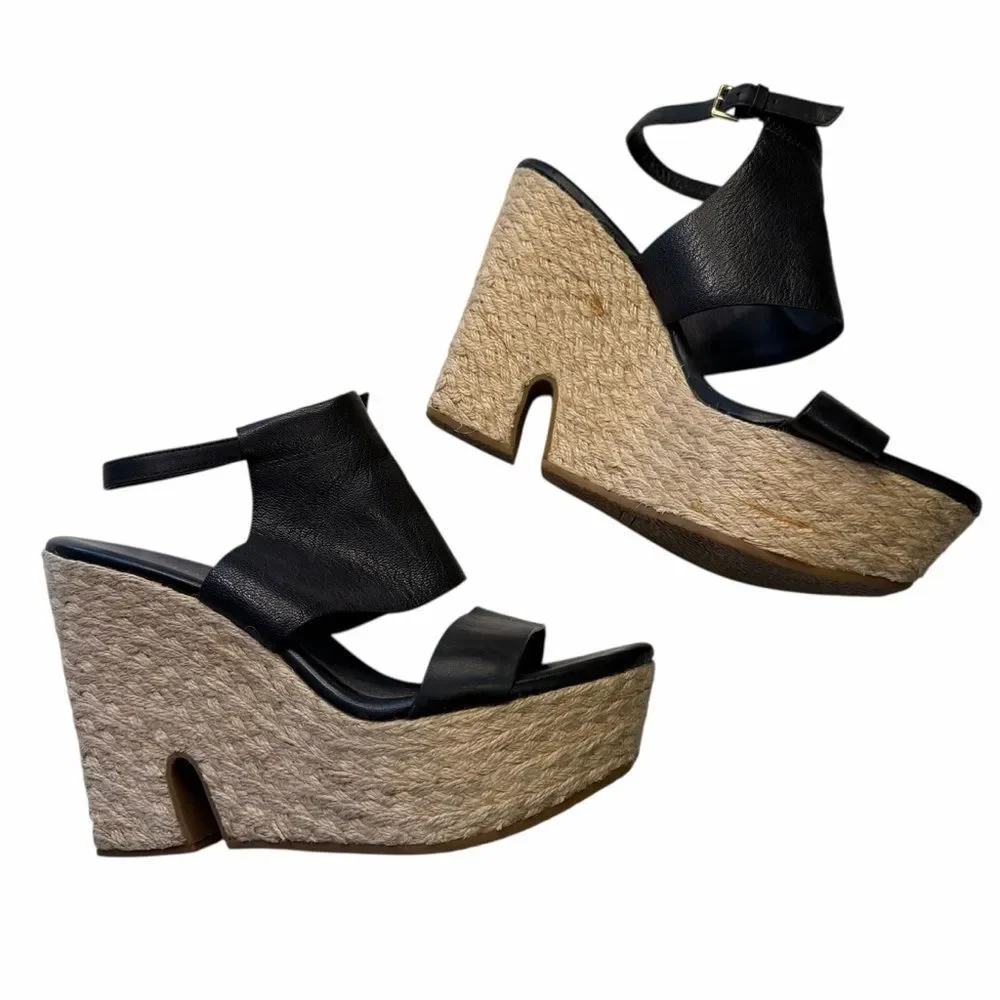Cole Haan Black Ankle Strap Espadrille Wedges EUC size 8
